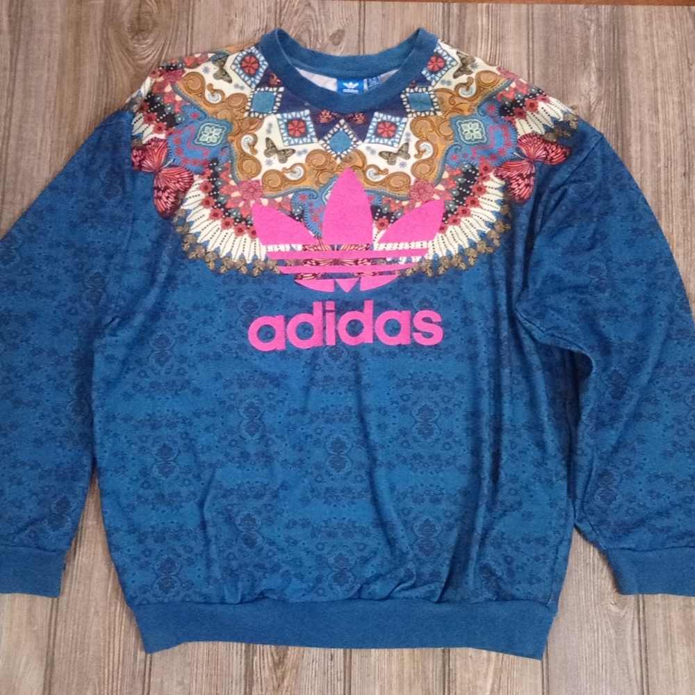 Adidas Ribbed Crew Neck Pullover Butterfly Print Pocket Sweater Long Sleeve Top